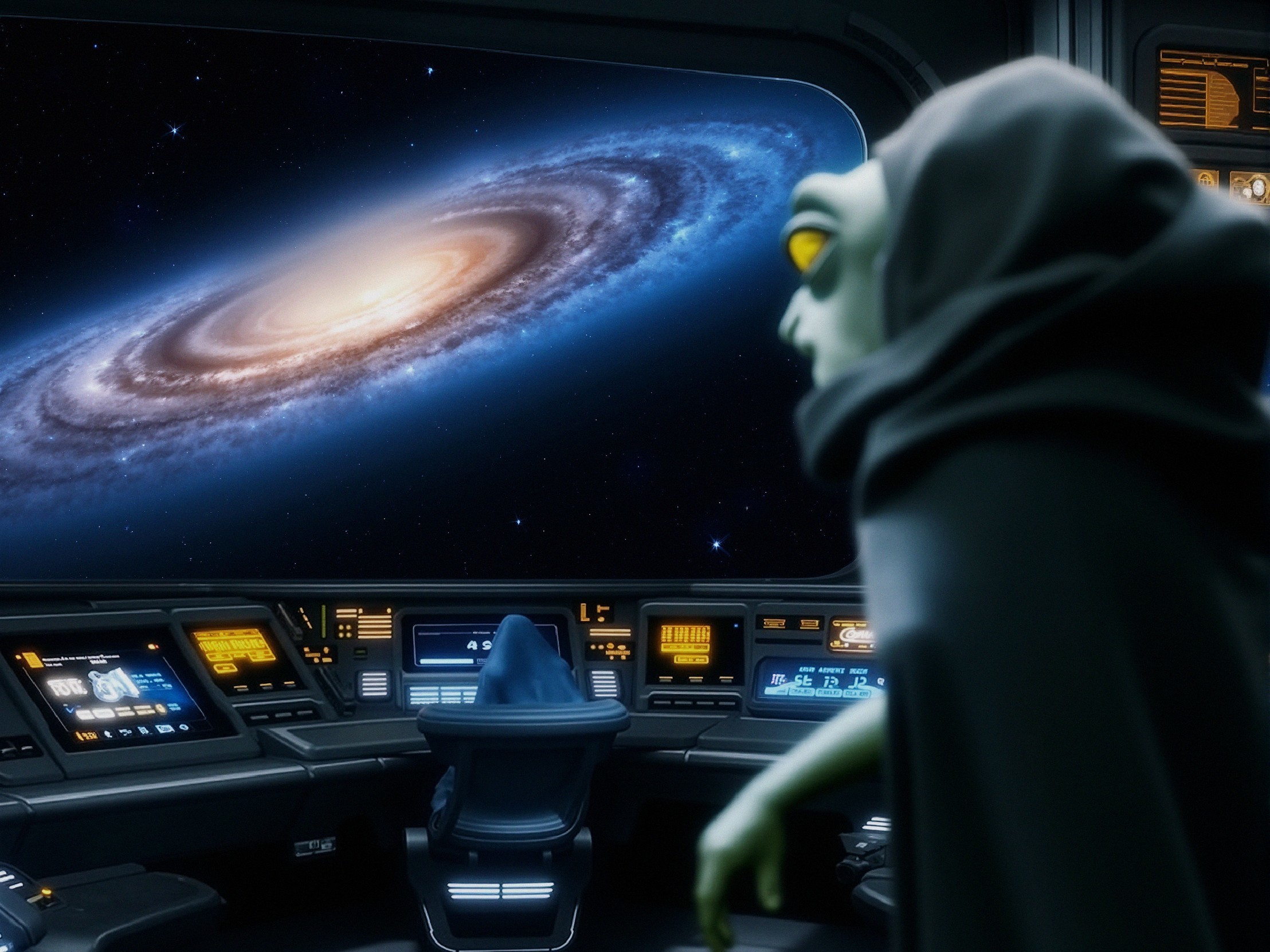 Alien in Futuristic Spaceship Control Room with Galaxy View