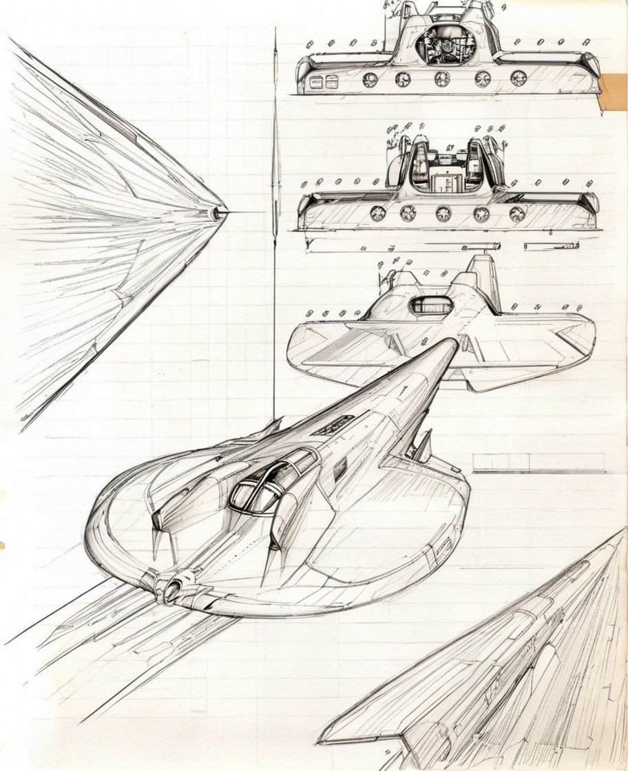 Detailed Technical Sketch of a Futuristic Spacecraft