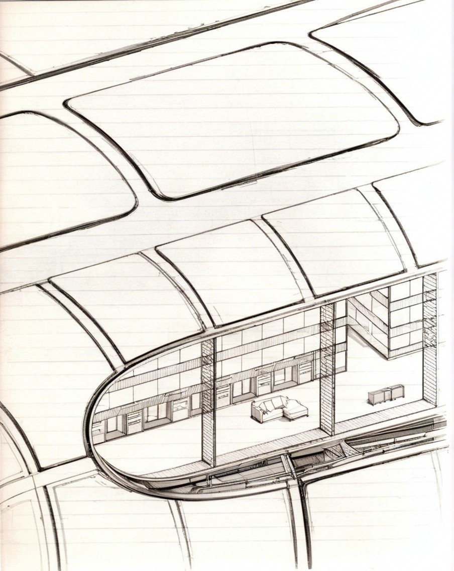 Detailed Sketch of Modern Multi-Level Interior Design