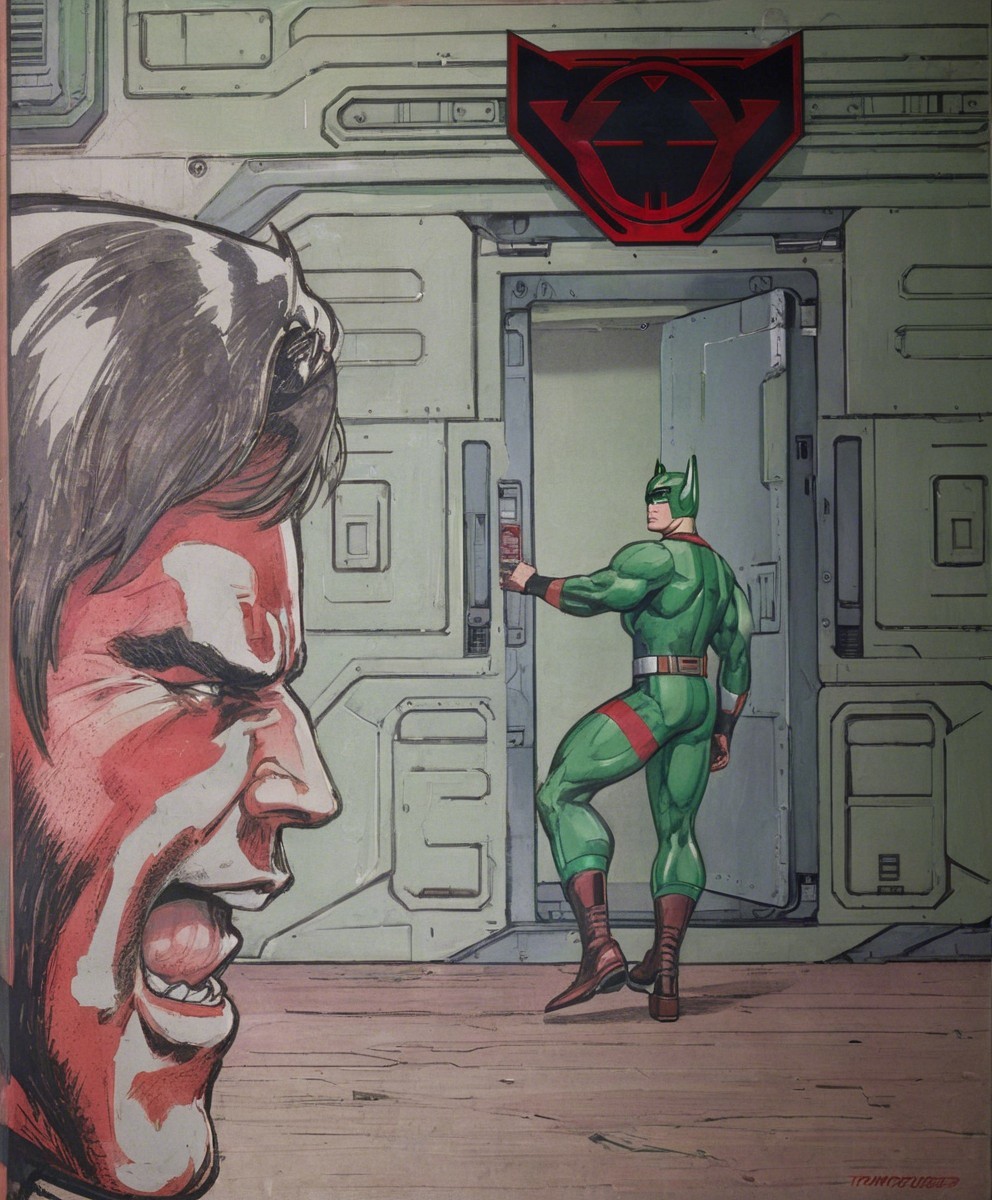 Hero in Costume Faces Door with Tension and Futuristic Elements