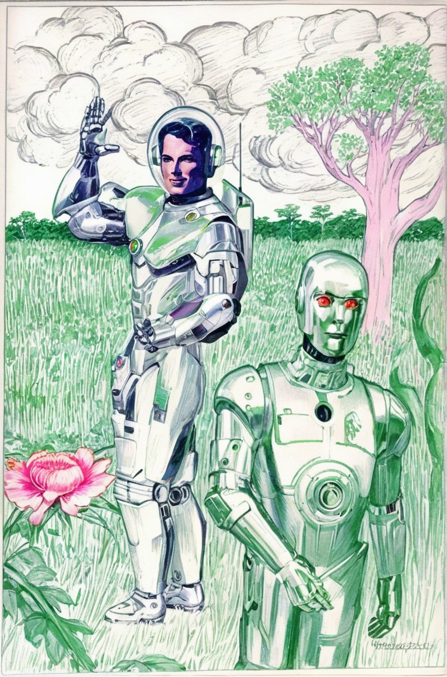 Futuristic humanoid in silver spacesuit with robot companion