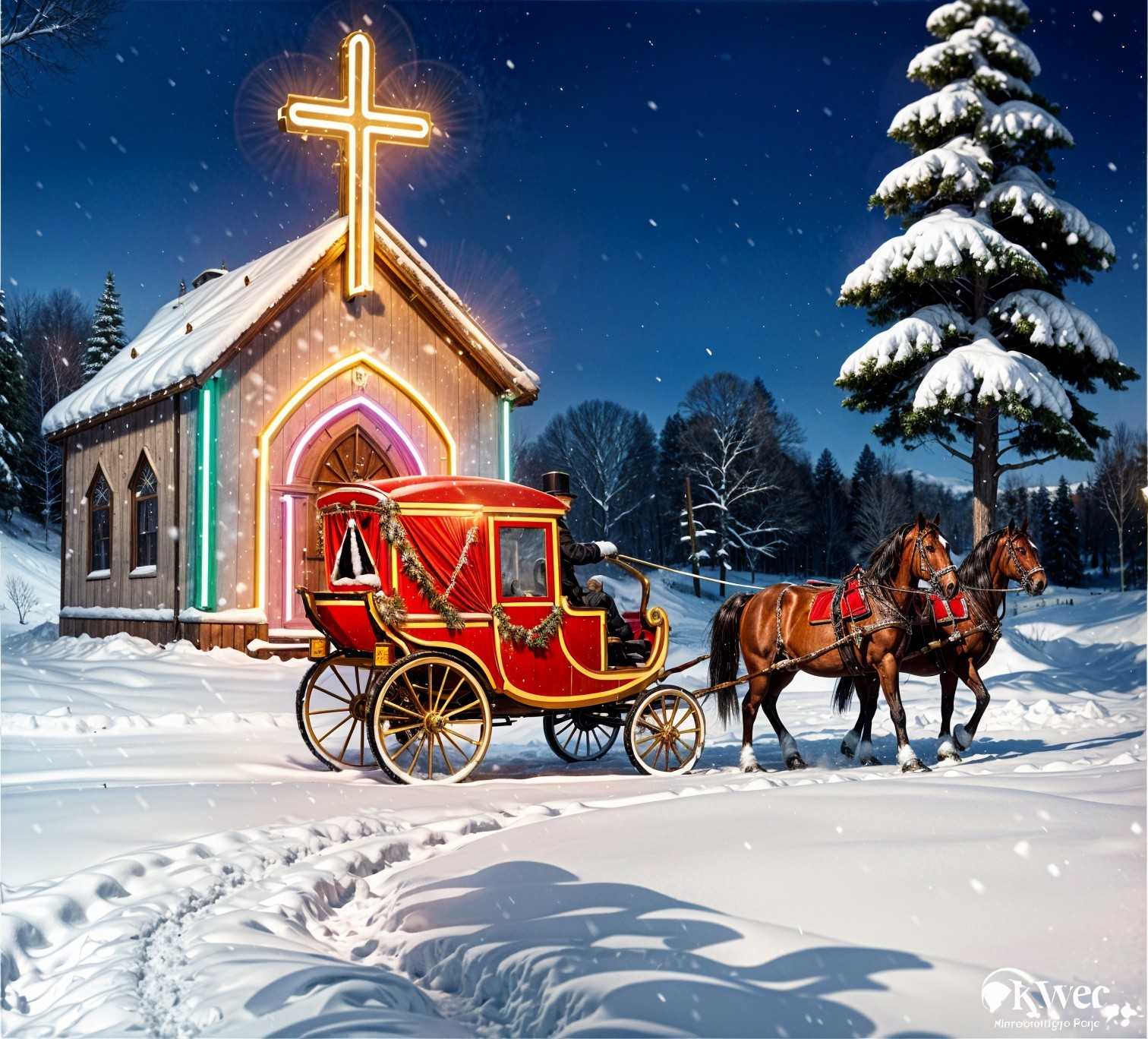 Winter Night Scene with Horse-Drawn Carriage and Chapel