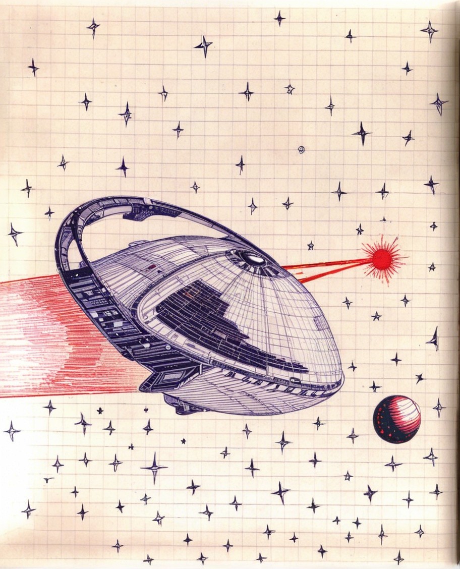 Futuristic Spaceship Drawing on Graph Paper with Stars