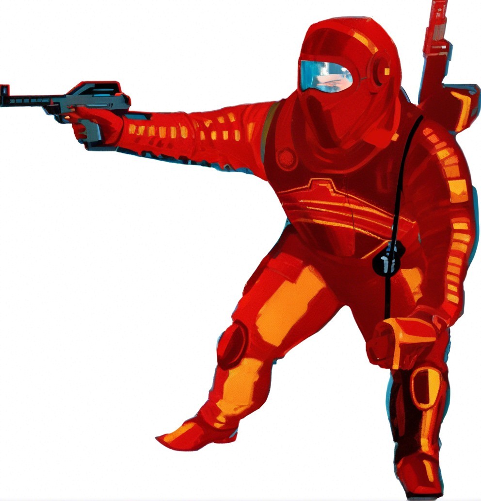 Futuristic soldier illustration in vibrant red suit