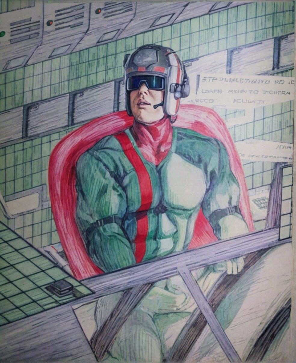 Muscular Superhero in High-Tech Cockpit Setting