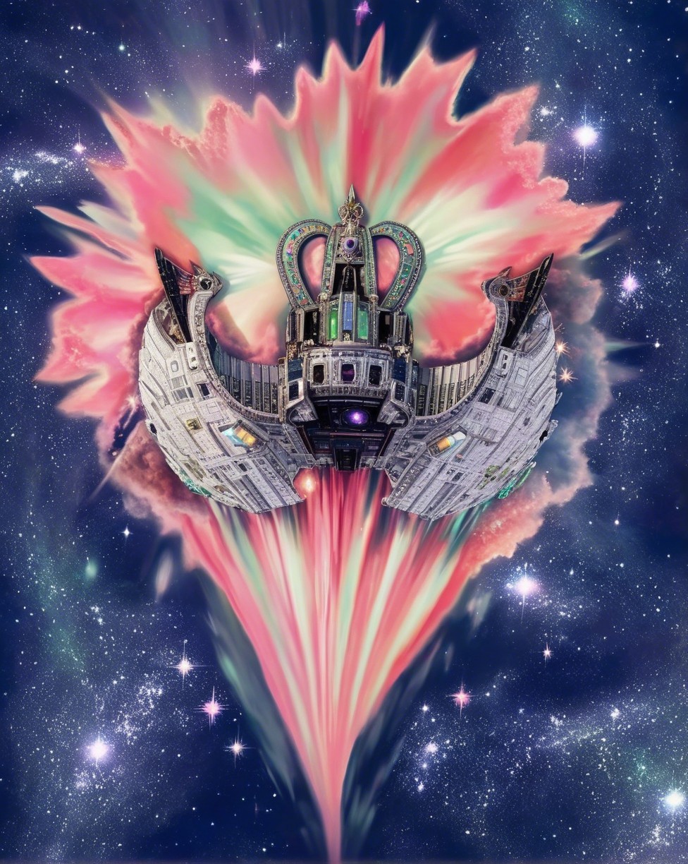 Intricate Spaceship Amidst Cosmic Explosion and Galaxies