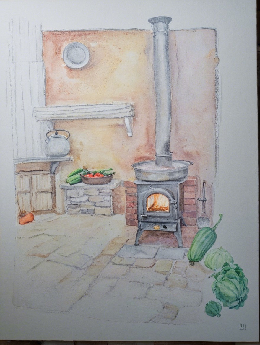Cozy Rustic Kitchen with Cast-Iron Stove and Vegetables