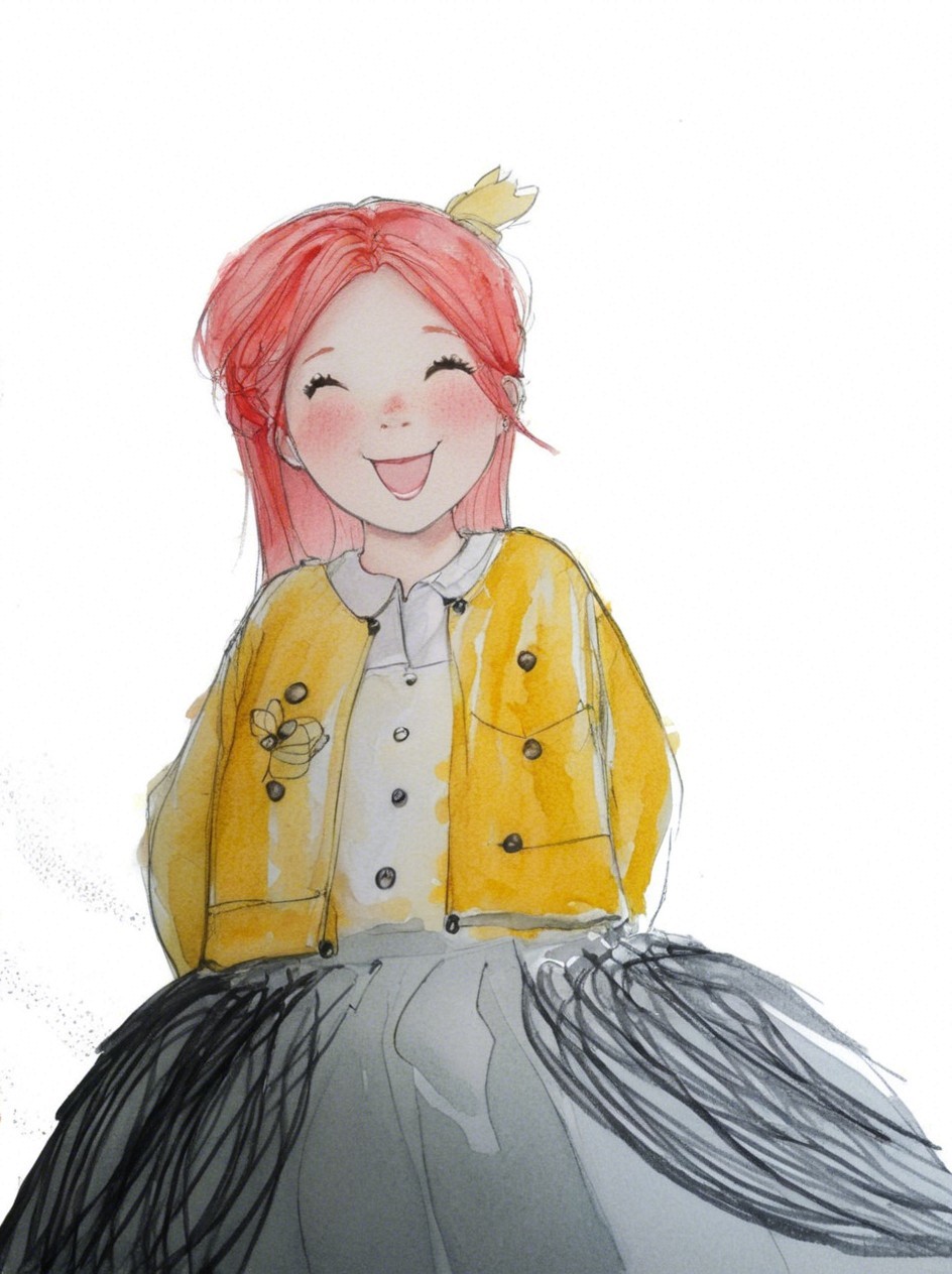 Cheerful girl with red hair in playful outfit details