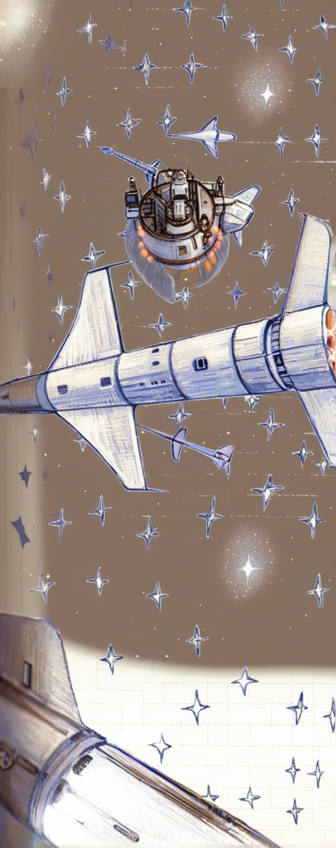 Futuristic Space Scene with Rockets and Starry Background