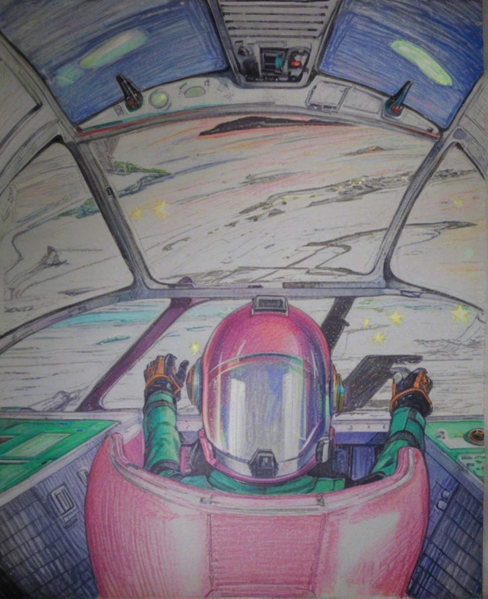 Colorful Hand-Drawn Spacecraft Cockpit View