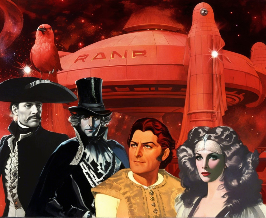 Vibrant Sci-Fi Scene with Red Spacecraft and Figures