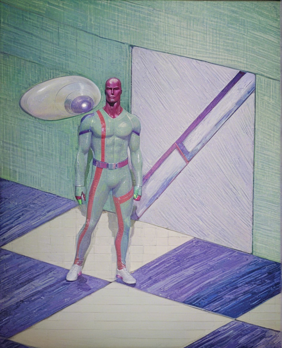 Superhero Figurine on Patterned Floor with Abstract Background