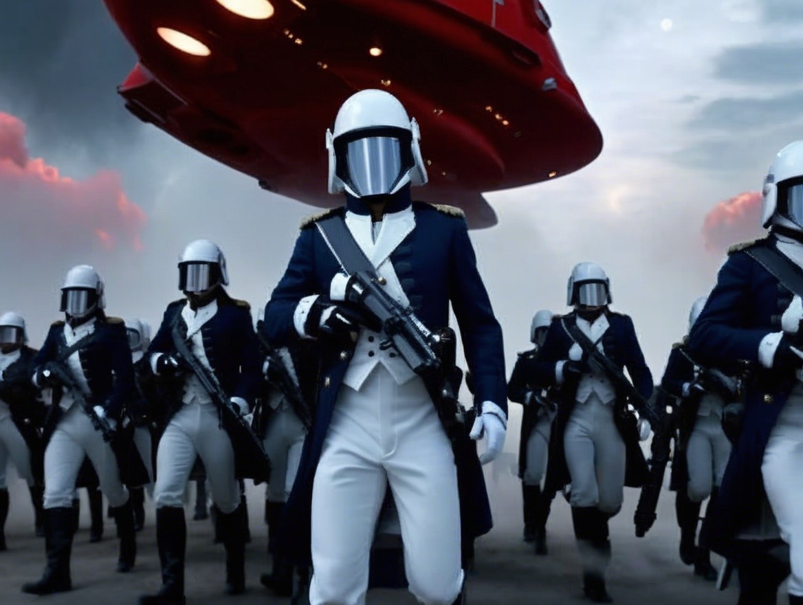 Futuristic soldiers in blue uniforms with spacecraft backdrop