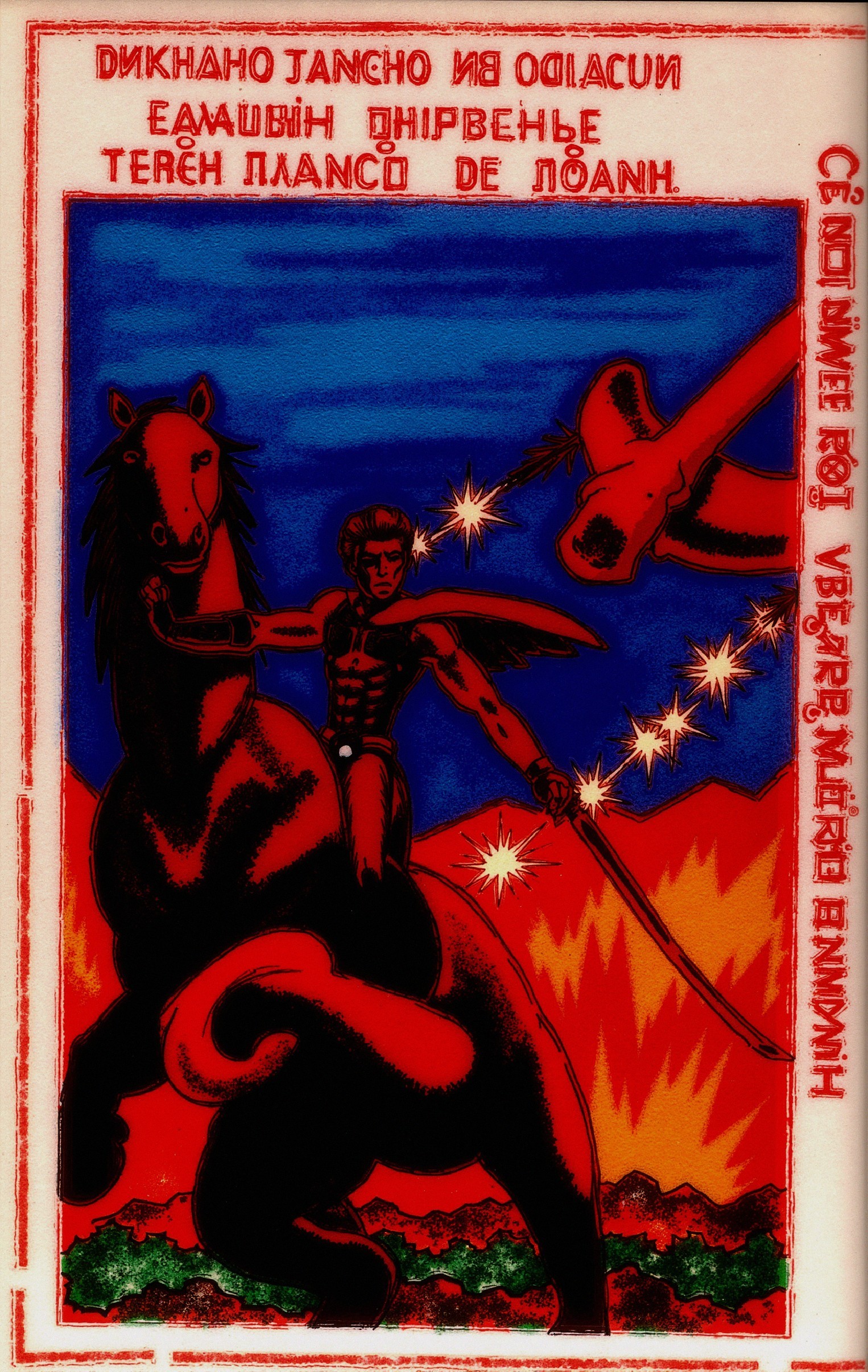 Heroic Figure on Horse with Sword in Vibrant Landscape