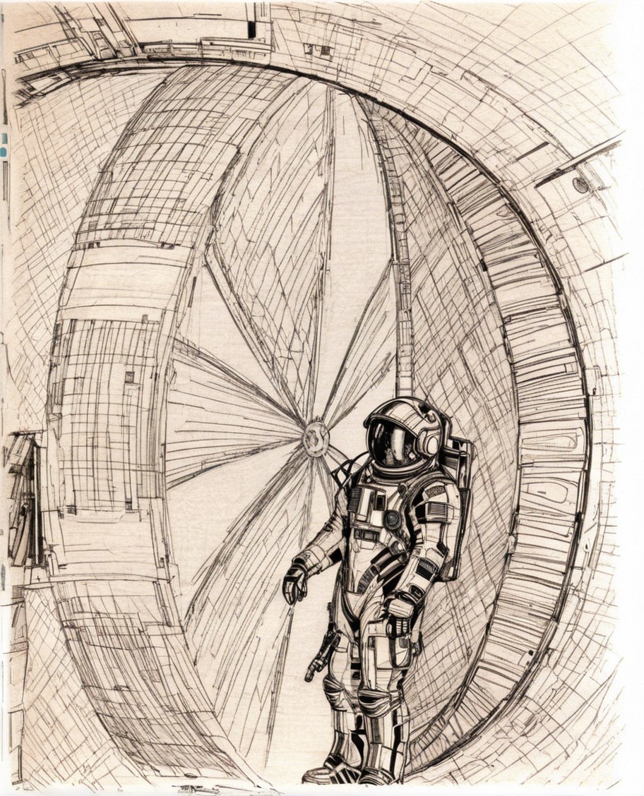 Astronaut in Circular Space Structure with Mechanical Details