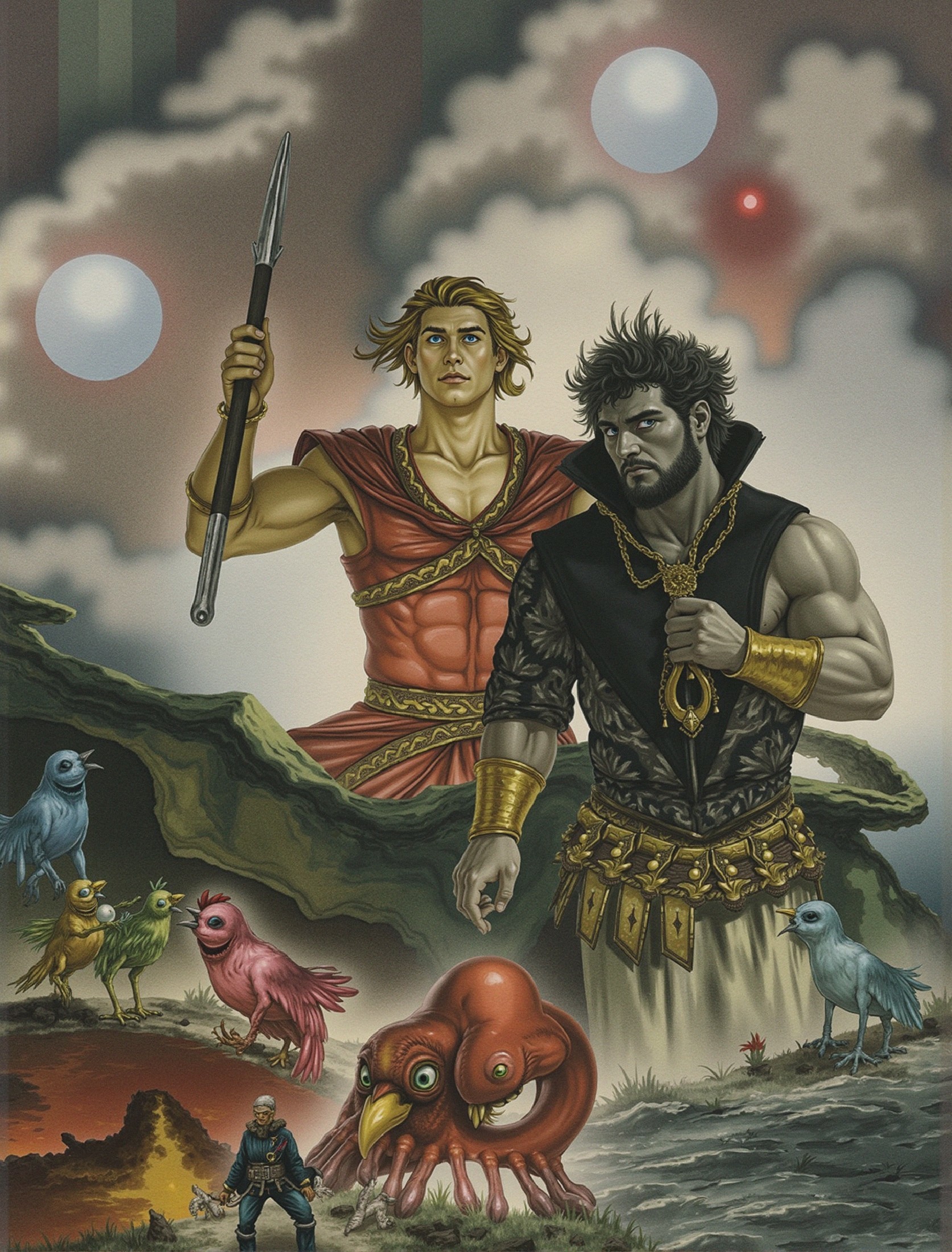Warriors in a Mystical Landscape with Vibrant Creatures