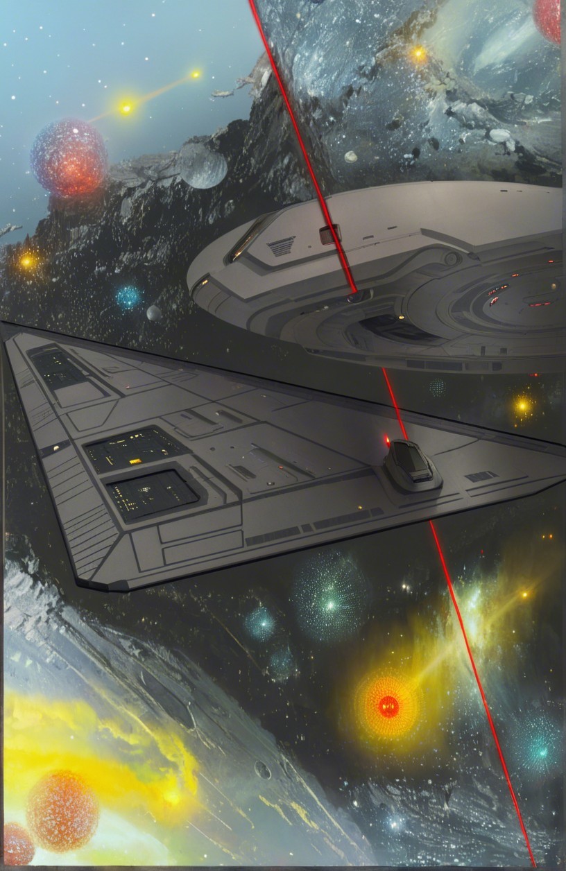 Futuristic Space Scene with Triangular and Circular Spacecraft