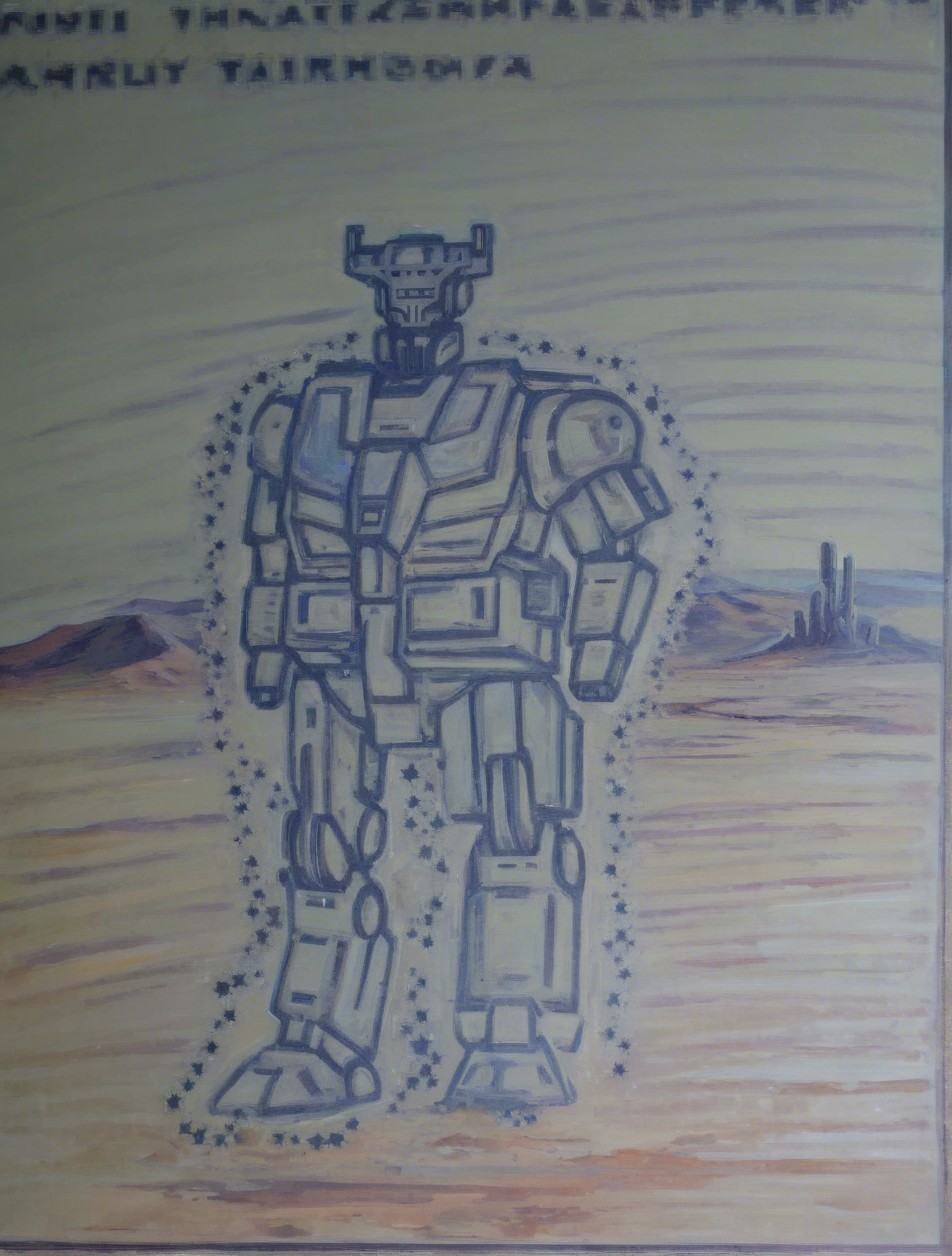 Stylized Robot in Desert Landscape with Celestial Elements