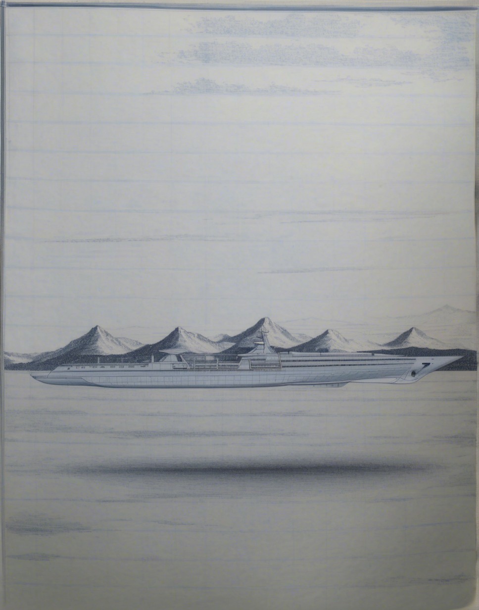 Modern Ship in Serene Waters with Snow-Capped Mountains