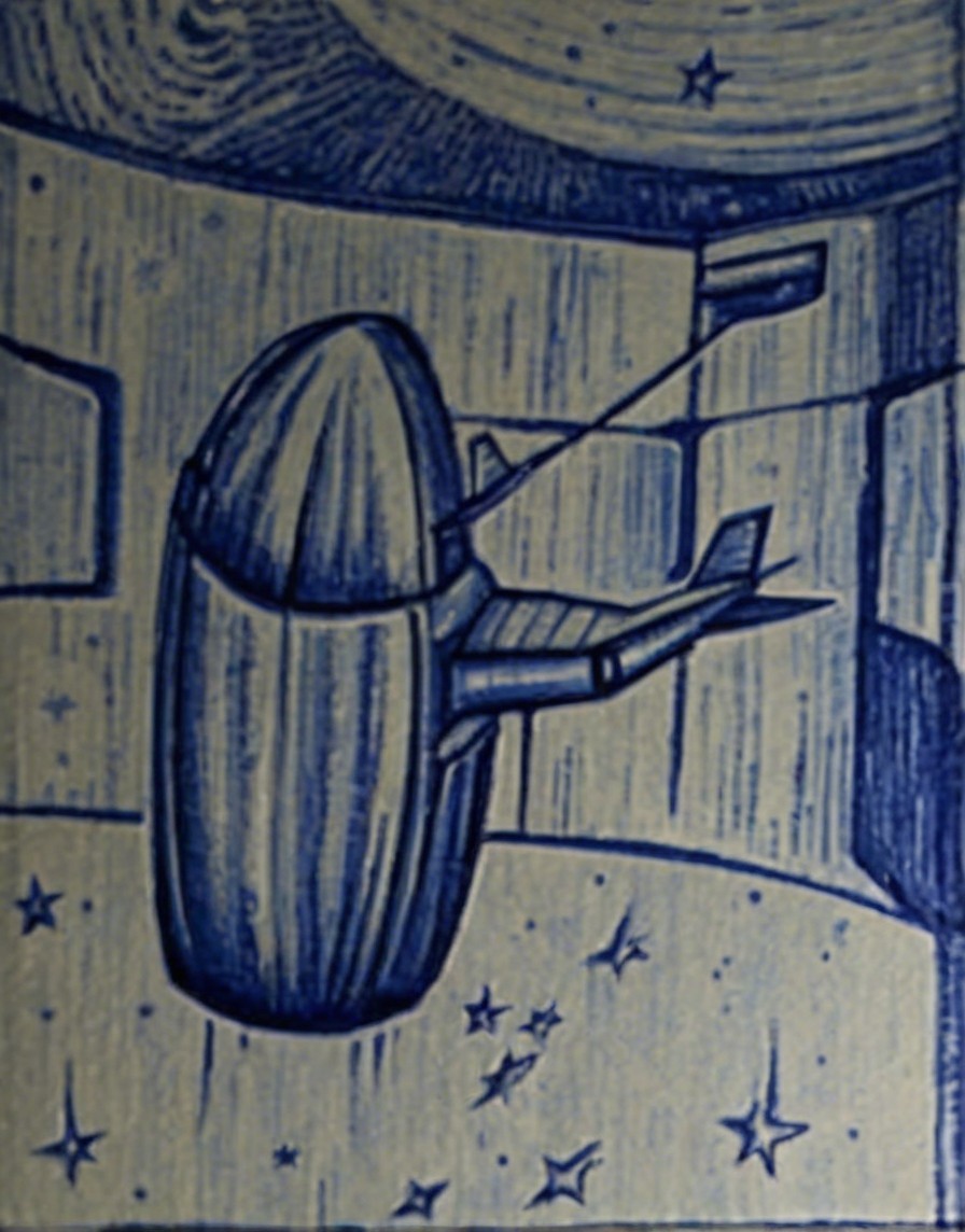 Stylized spacecraft in a starry, imaginative environment