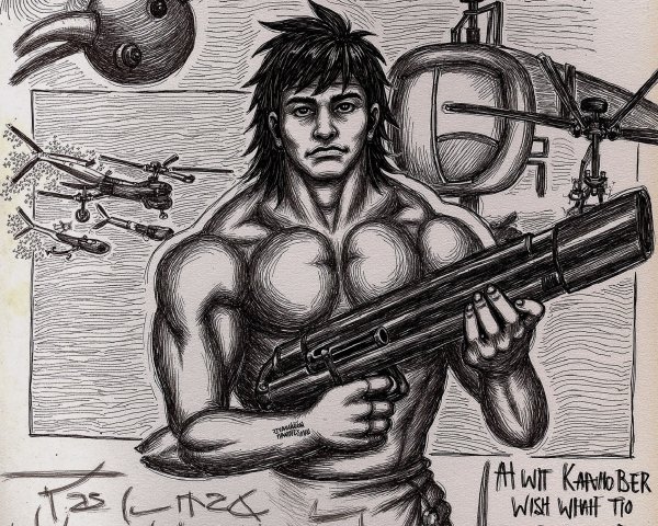 Muscular Man with Gun Surrounded by Helicopters and Machinery
