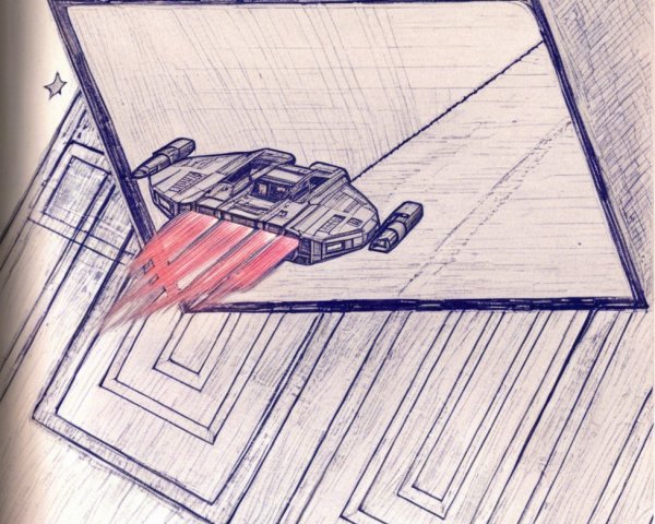 Sleek spaceship exits rectangular portal in starry space