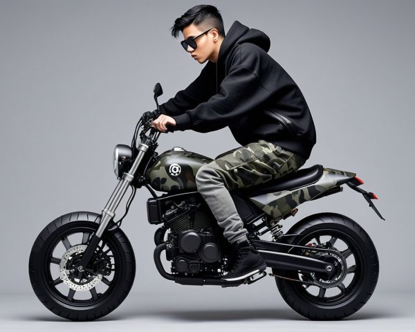 Stylish Young Man on Camouflaged Motorcycle in Gray Setting