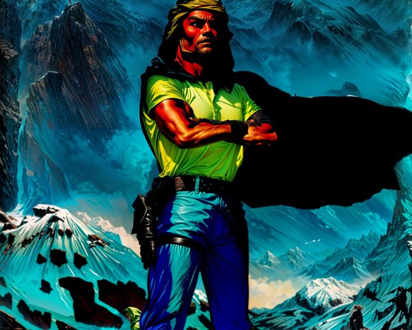 Muscular Man in Light Green Shirt in Rugged Landscape