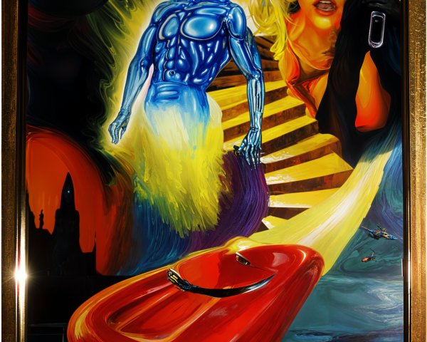 Surrealist Oil Painting Featuring Cyborg and Vibrant Woman