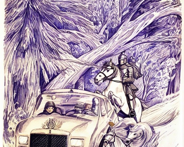 Surreal Scene of Luxury Car and Knight in Fantasy Landscape