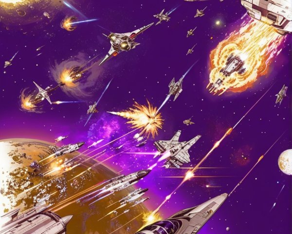 Space Battle with Colorful Planets and Cosmic Phenomena