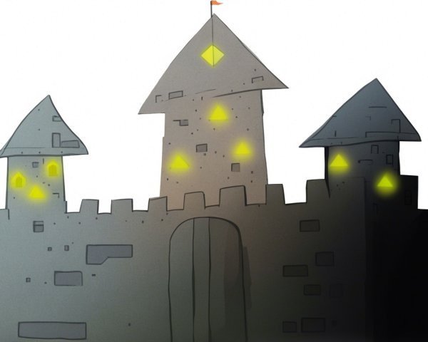Stylized gray stone castle with angular towers and flags