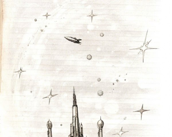 Futuristic Cityscape with Spaceship and Celestial Bodies