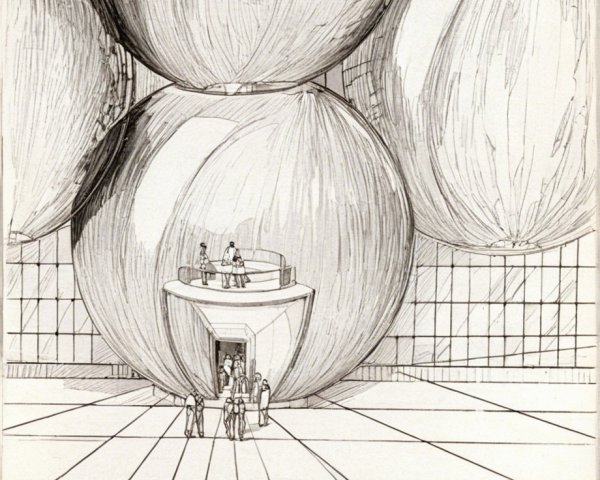 Futuristic Scene with Spherical Structures and Astronauts