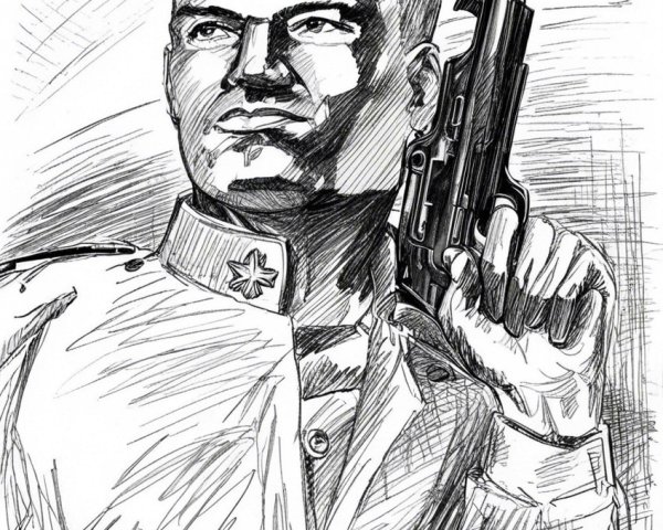 Stylized Illustration of Confident Male Figure with Handgun