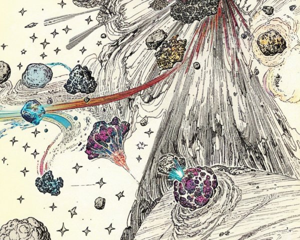 Vibrant Cosmic Scene with Asteroid Field and Eruption