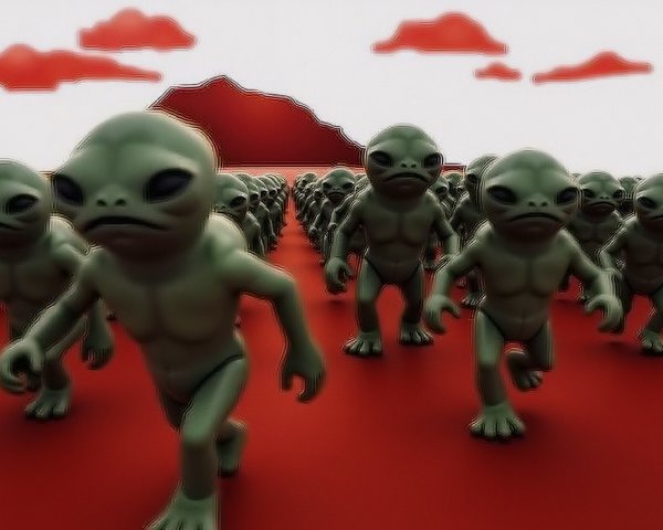 Humanoid Aliens Marching in a Red Landscape Scene