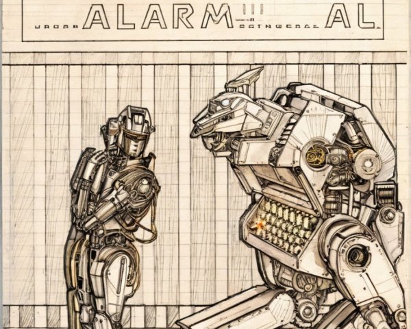 Futuristic Scene with Humanoid and Bear-like Robot