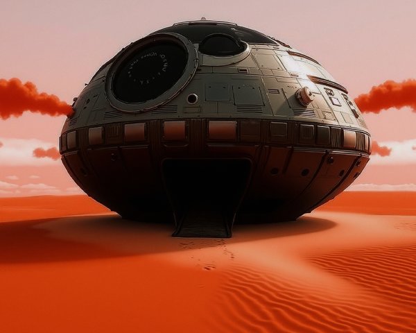 Futuristic spacecraft on orange desert landscape