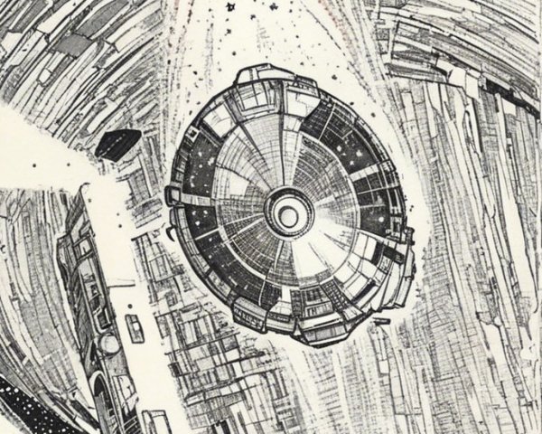 Futuristic spaceship and celestial structure illustration