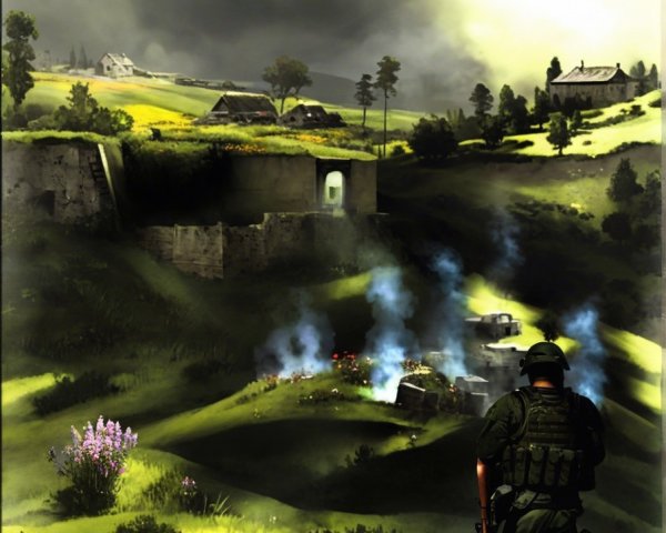 Soldier in Grassy Terrain Amidst Destruction and Smoke