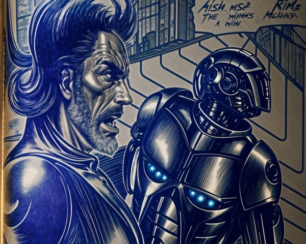 Muscular Hero Faces Futuristic Robot in Sci-Fi Setting