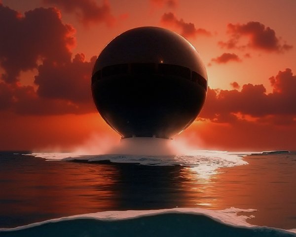 Black Sphere Rising from Ocean at Sunset