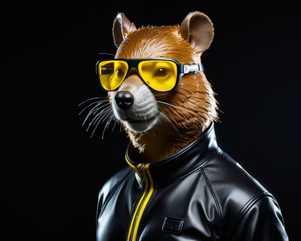 Stylized animal figure in sunglasses and leather jacket