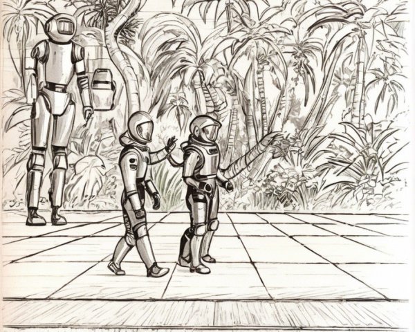 Astronauts in Tropical Setting with Robotic Figure