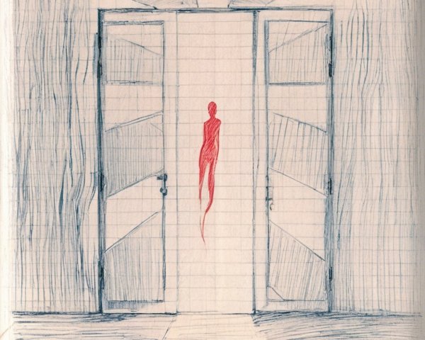 Interior Sketch with Wooden Doors and Red Figure