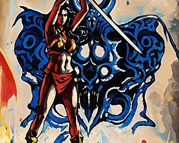 Vibrant Comic Style Painting of Female Warrior Triumph