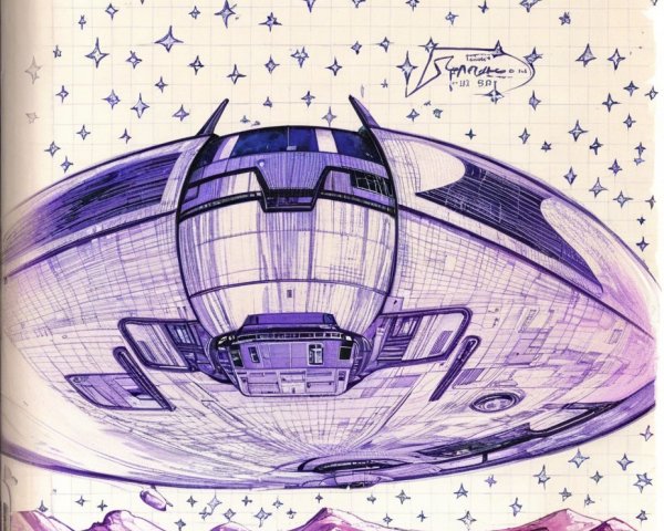 Futuristic spaceship over barren landscape in sci-fi scene