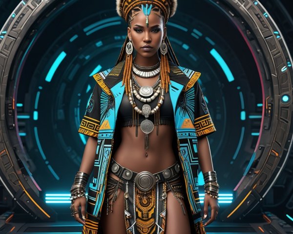 Futuristic Figure in Vibrant Attire and Accessories