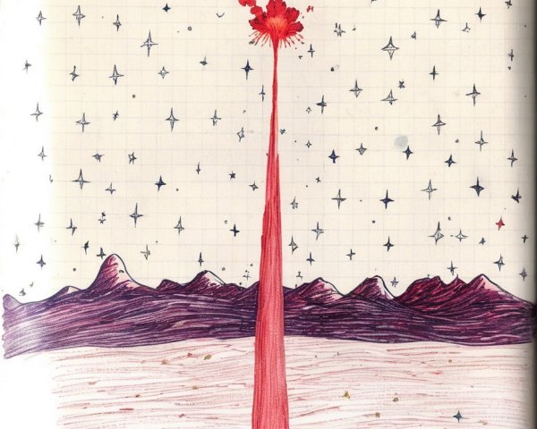 Surreal Landscape with Red Column and Starry Sky